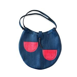 Vintage Navy Blue Vinyl Bag Red Watermelon Slice Pockets